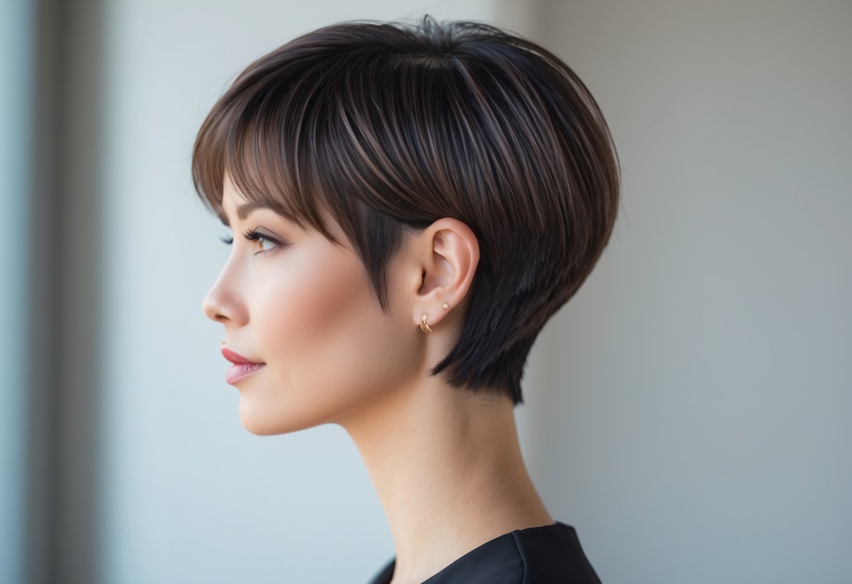 A woman with a short pixie bob haircut and an undercut, looking slightly to the side against a blurred neutral background.