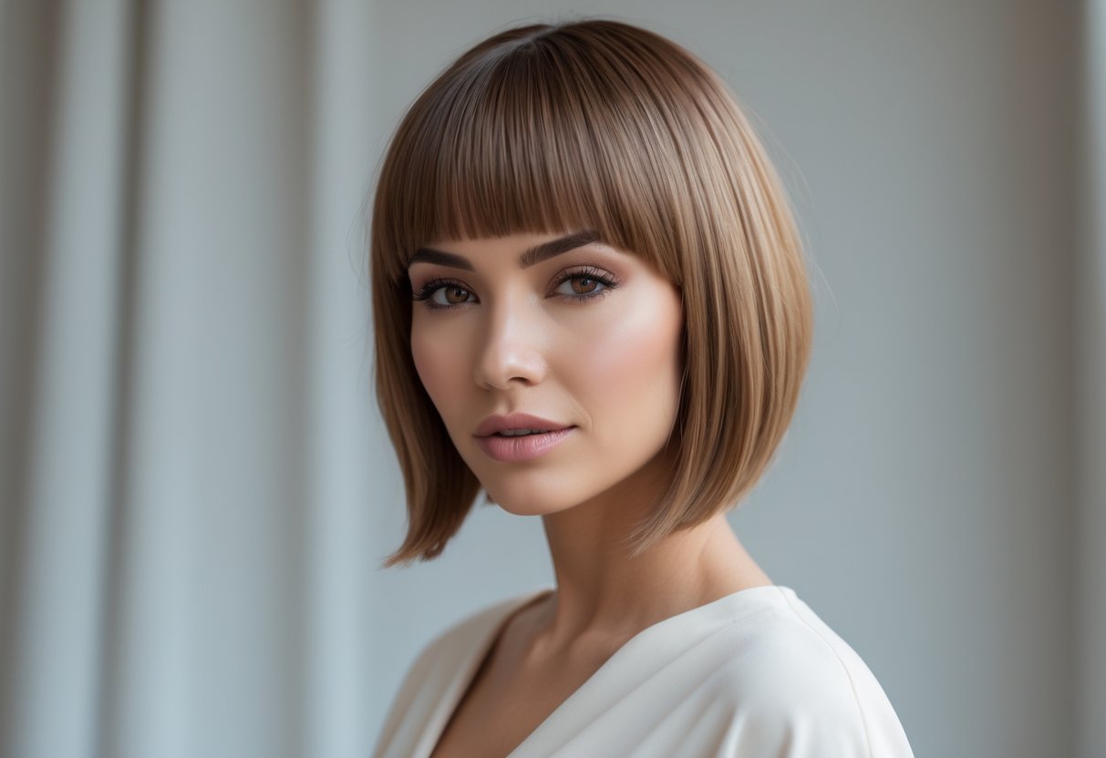 Portrait of a woman with thin hair styled in a short bob haircut with a long fringe, looking confidently at the camera against a neutral background.