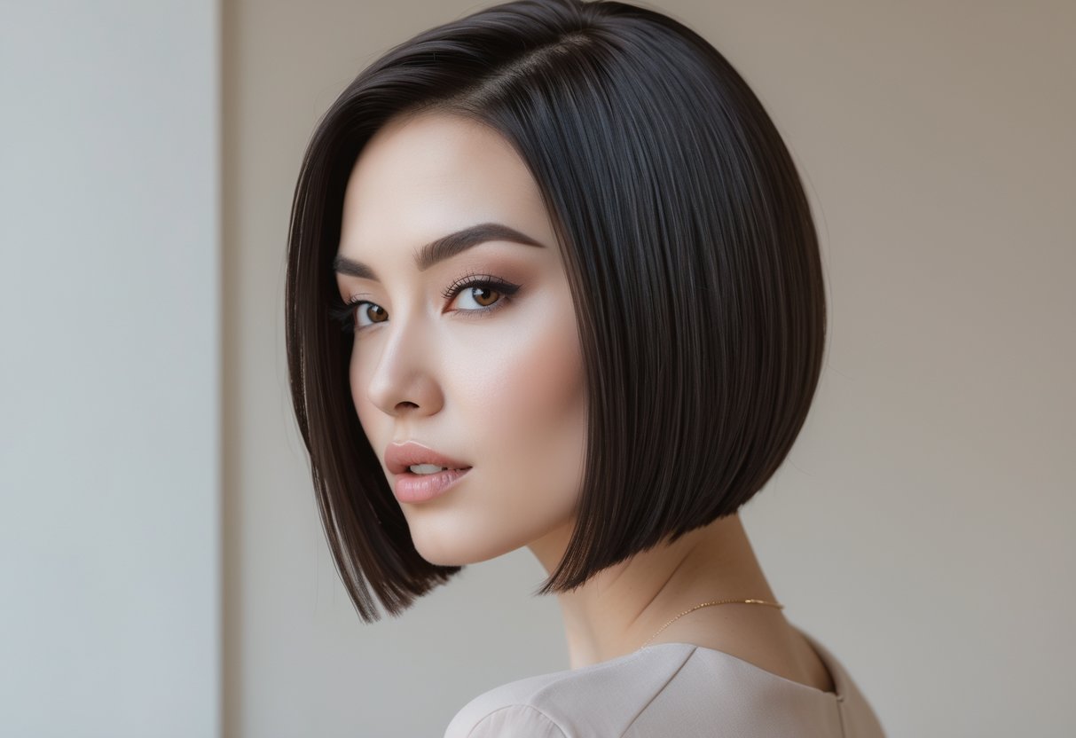 Portrait of a young woman with short straight hair smiling against a neutral background.