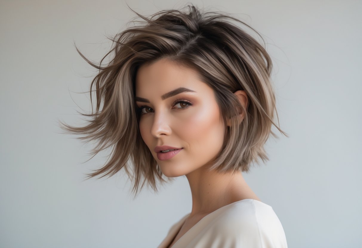 A woman with thin hair styled in a messy pixie bob haircut with tousled layers, posing against a neutral background.