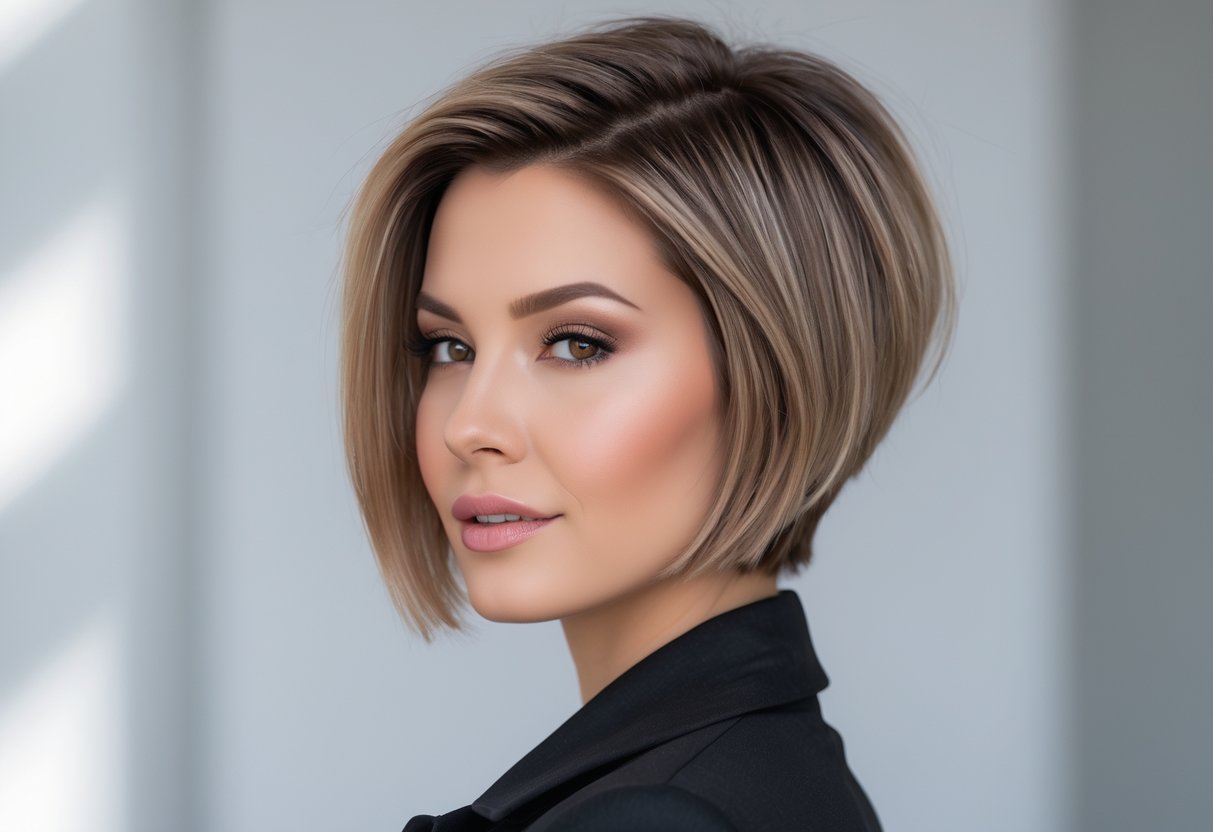 A woman with a short pixie bob haircut and highlights, looking confidently to the side against a blurred background.