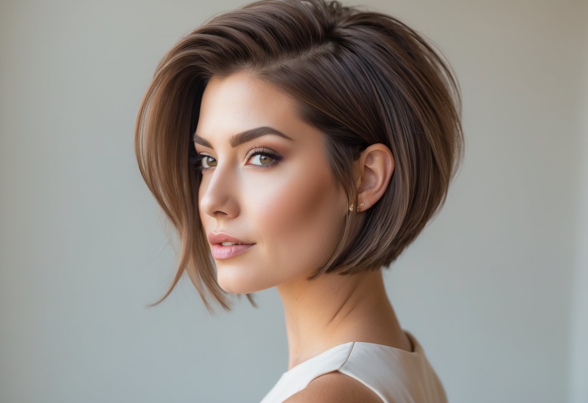 A woman with a short layered haircut styled with volume at the back, smiling against a plain background.