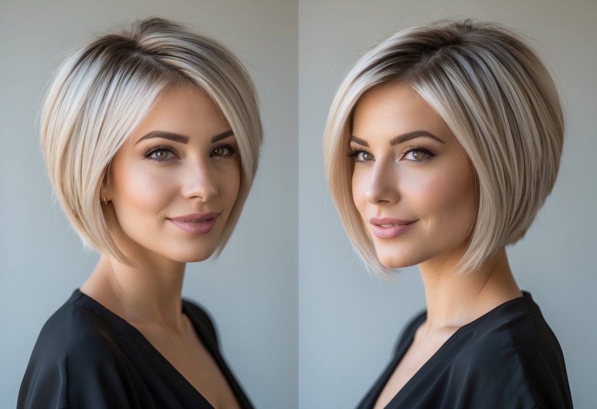 A woman with short layered hair smiling against a plain background.
