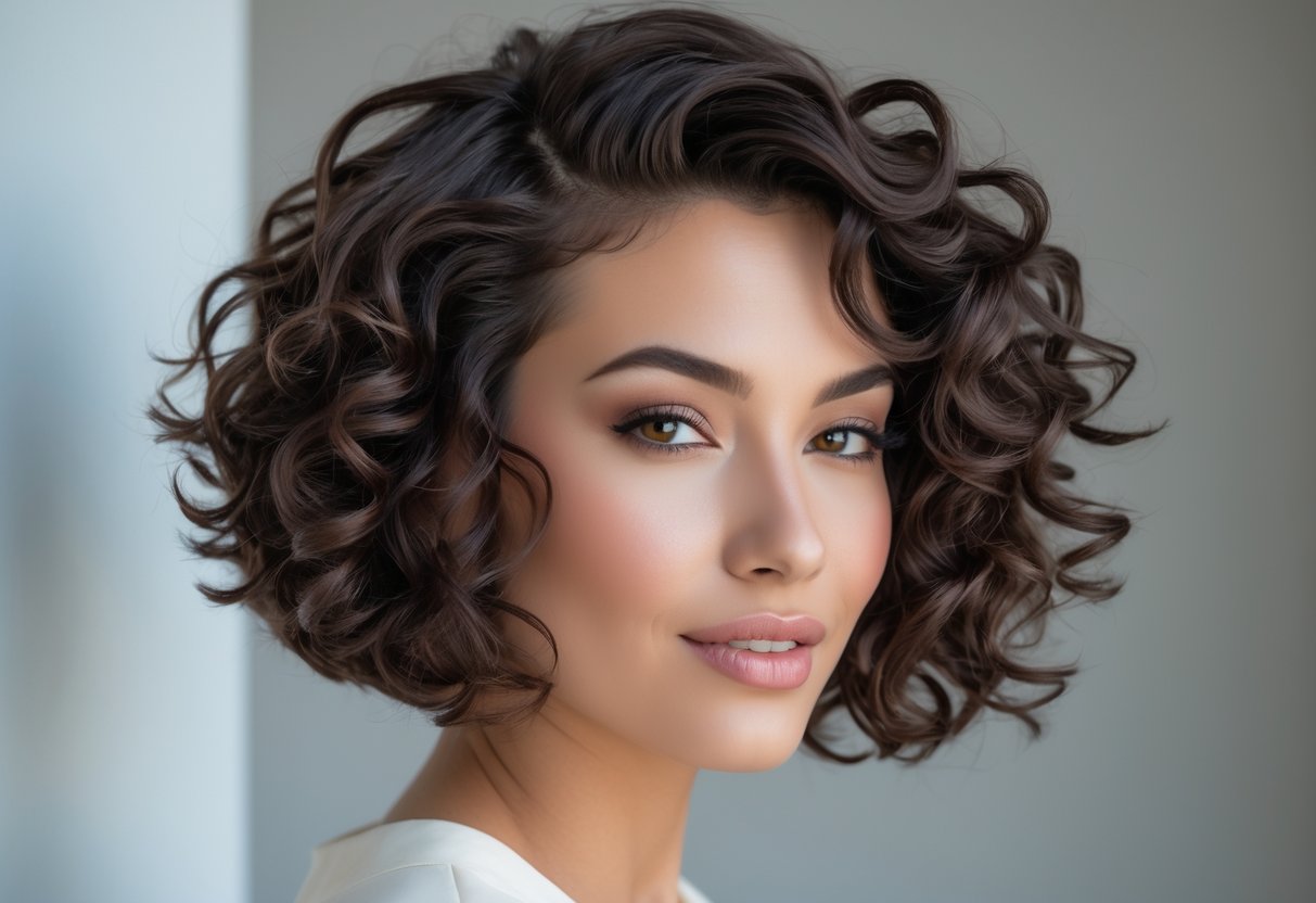 A woman with a short curly haircut smiling against a plain background.