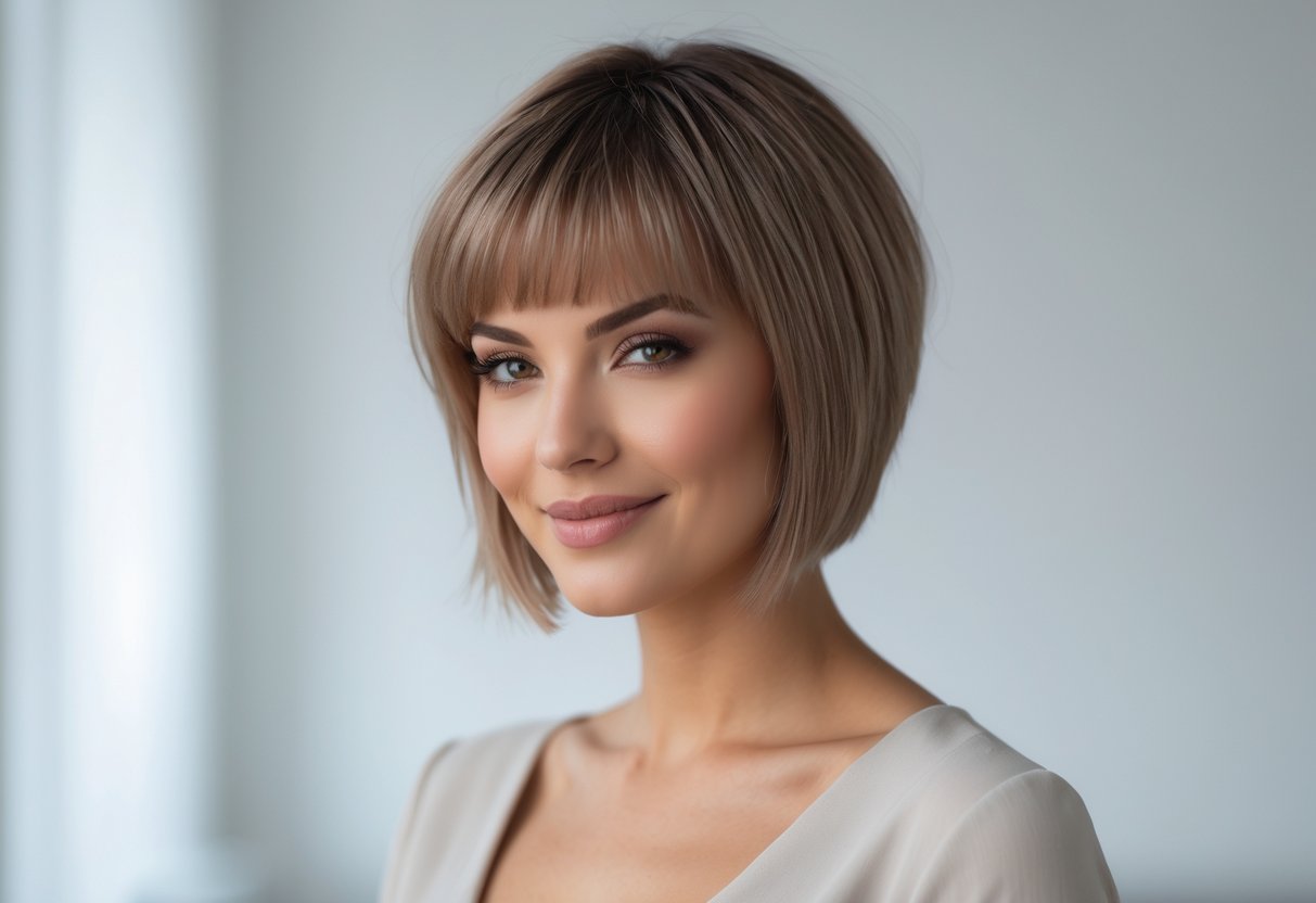 A woman with thin hair styled in a short pixie bob with feathered bangs, smiling against a plain background.