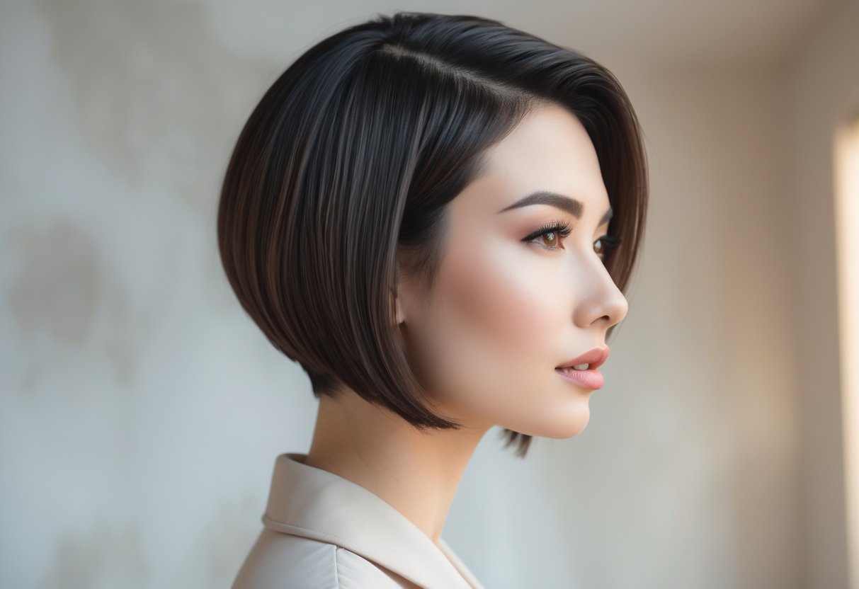 A young woman with short hair styled in a side-parted bob looking slightly to the side against a neutral blurred background.