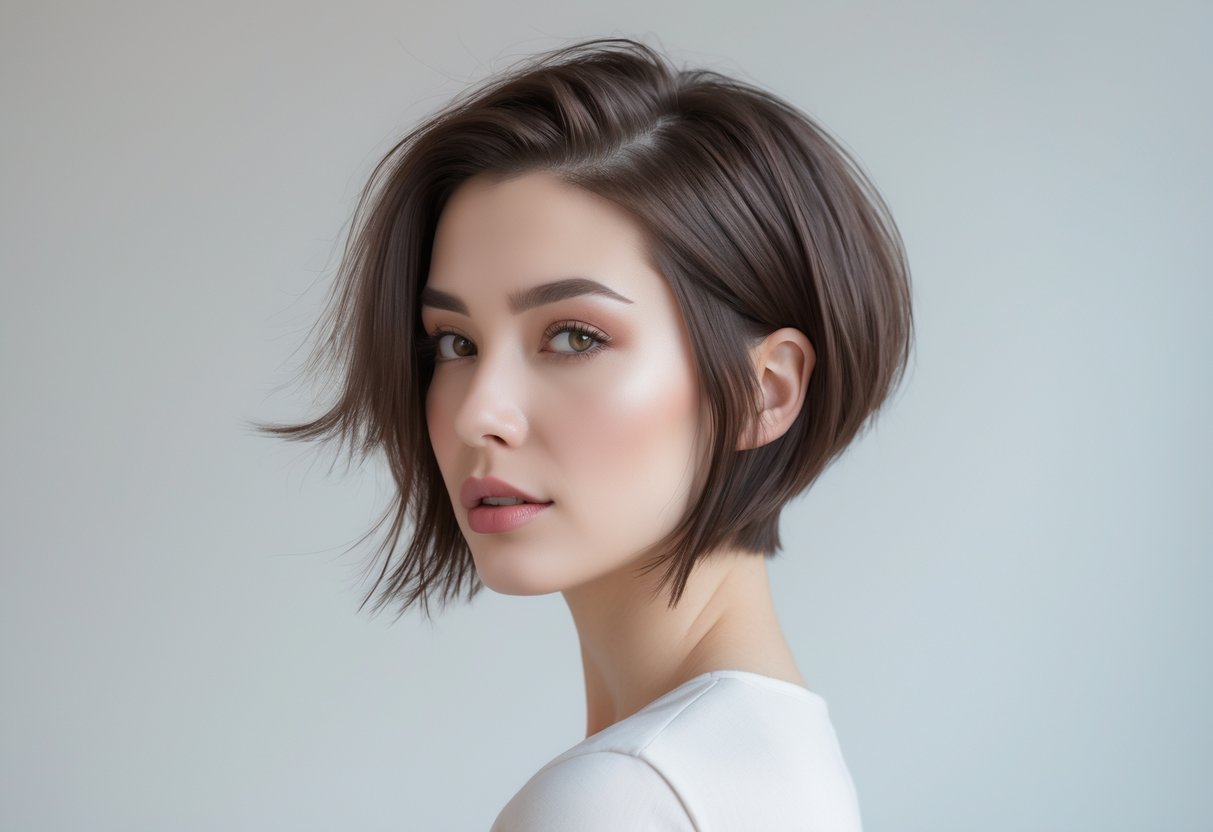 Young woman with thin hair styled in a short pixie bob haircut with sharp ends, looking confidently at the camera against a plain background.