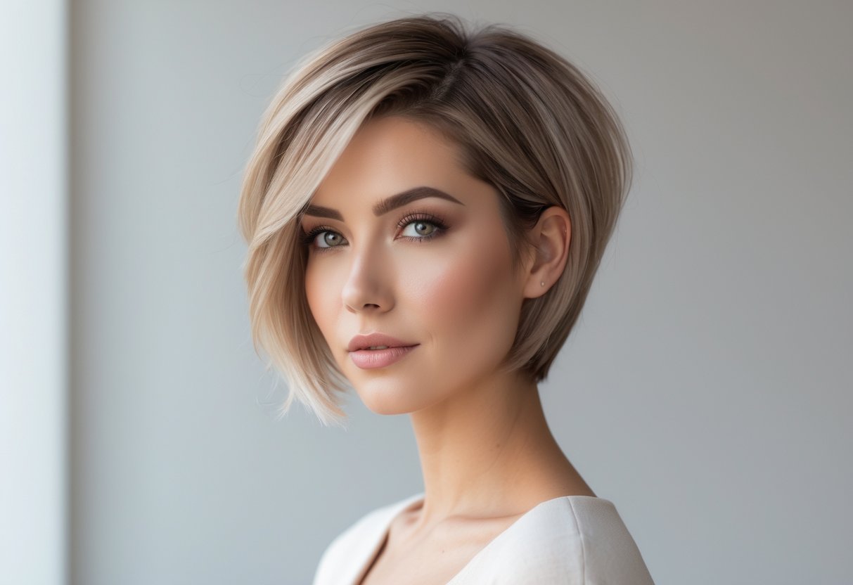 A woman with a short layered pixie bob haircut posing against a neutral background.