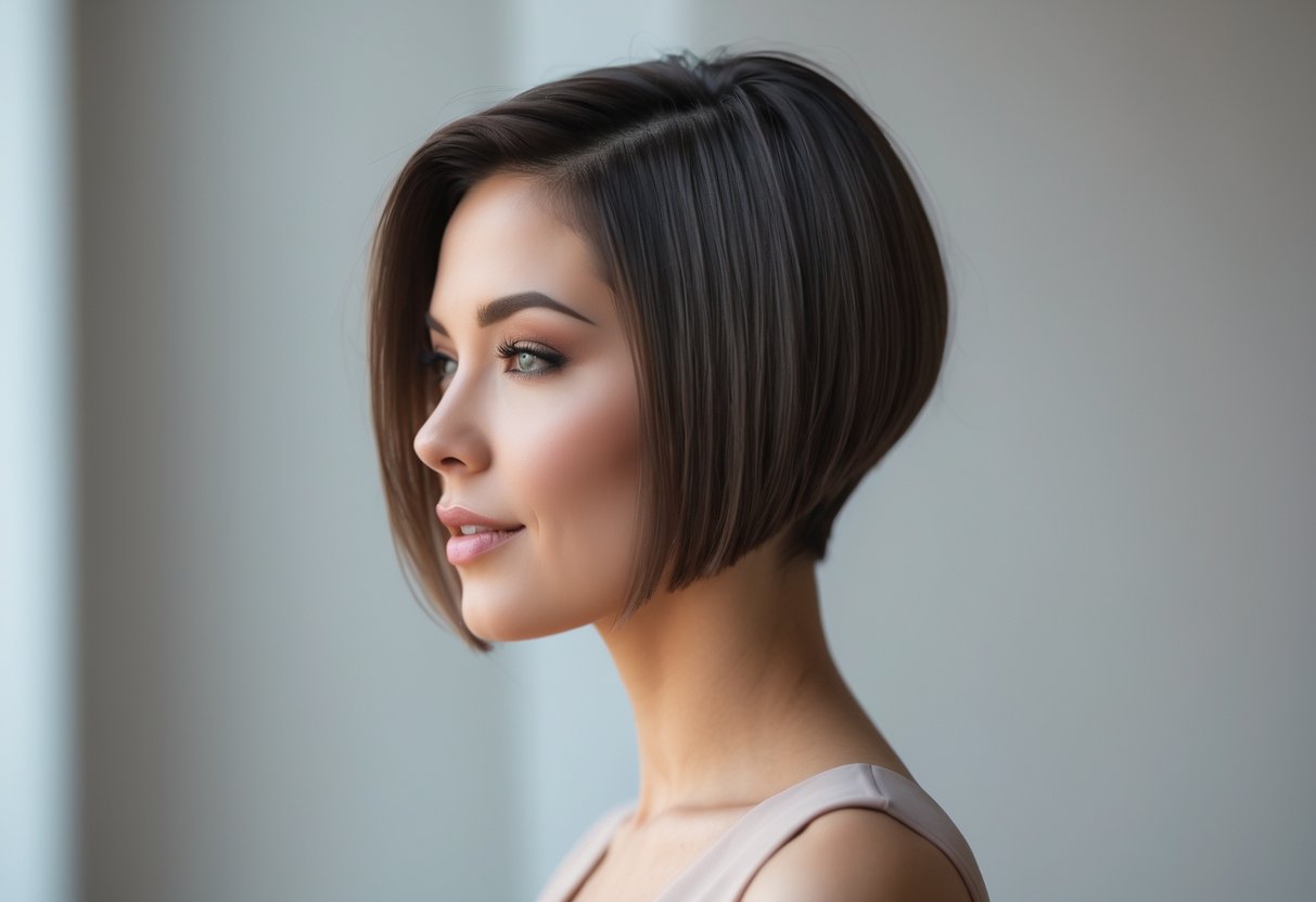 A woman with short hair styled in a deep side part, smiling gently against a neutral background.