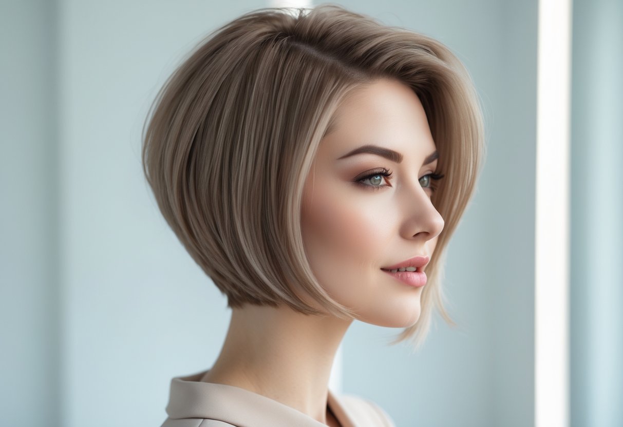 Young woman with short hair smiling in a bright studio setting.