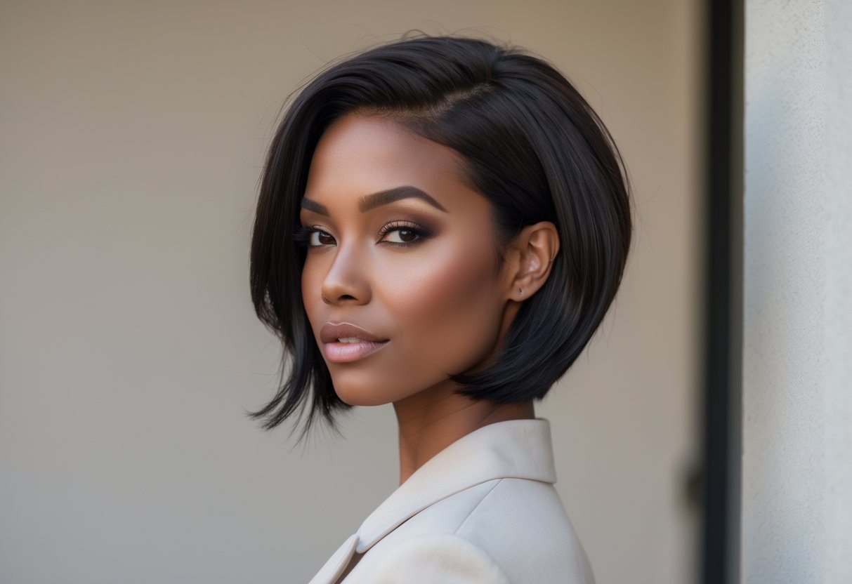 A woman with a short layered haircut posing against a neutral background.