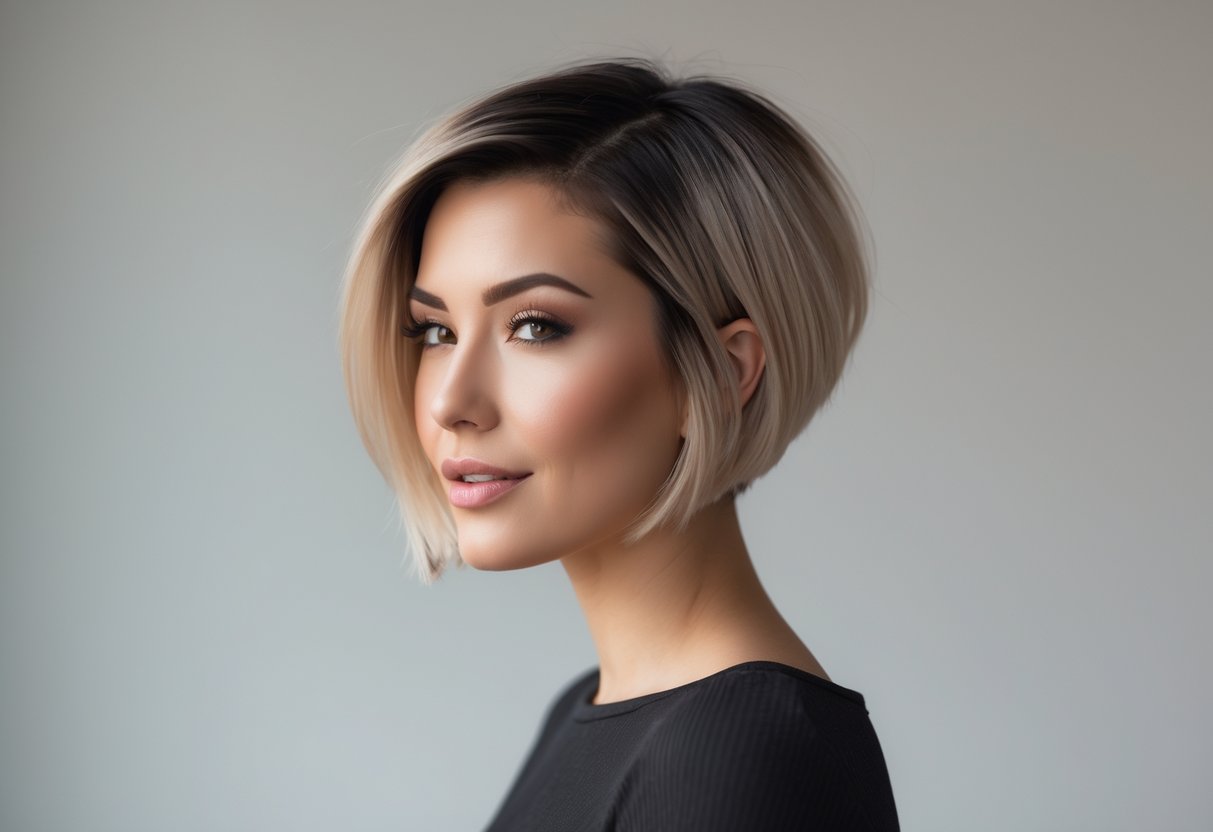 A woman with short hair and a shadowed root hairstyle smiling against a neutral background.