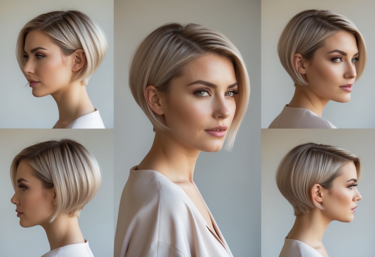 Portrait of a woman with short hair styled in a tapered haircut, looking confidently at the camera against a plain background.
