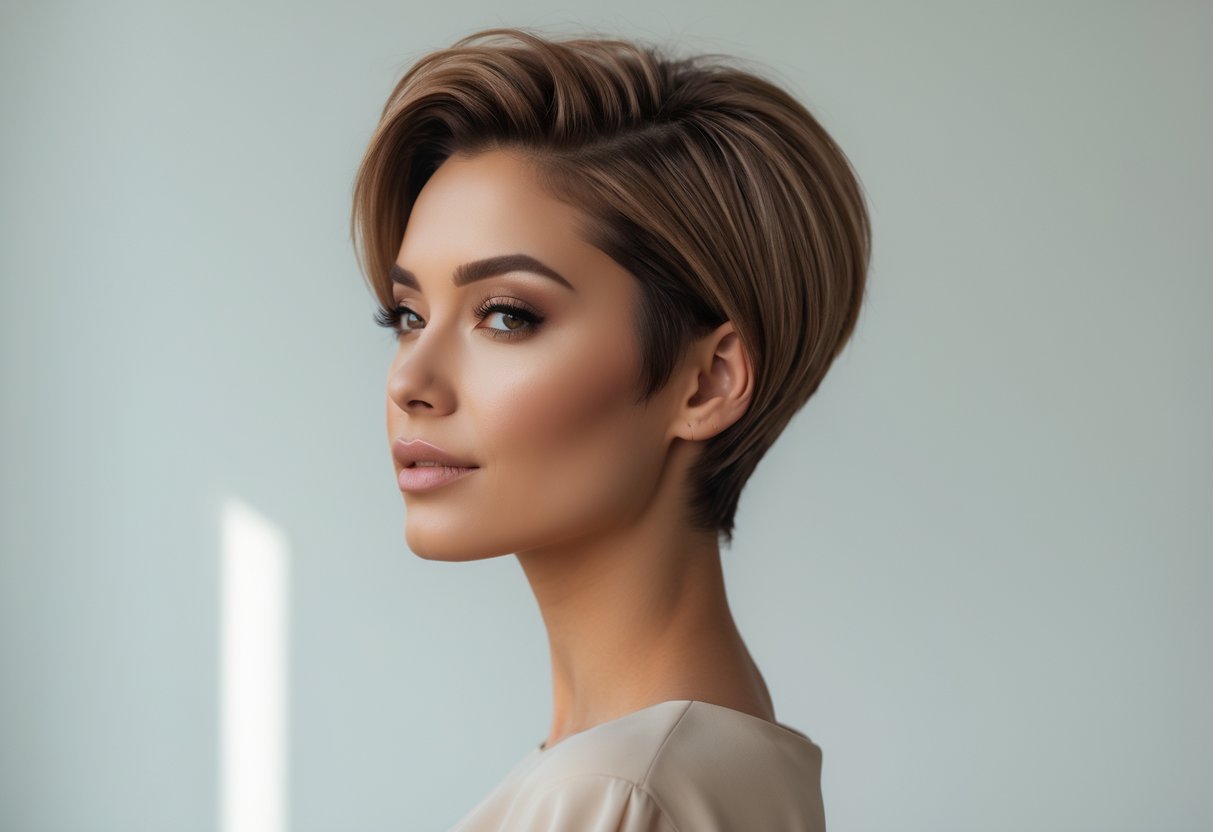 A woman with thin hair styled in a short pixie bob with volume at the crown, posing against a plain background.