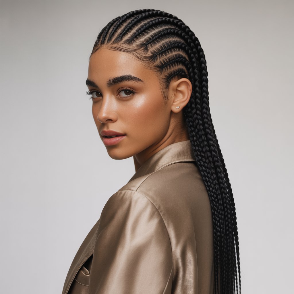 A young woman with neatly braided hair looking confidently at the camera against a plain background.