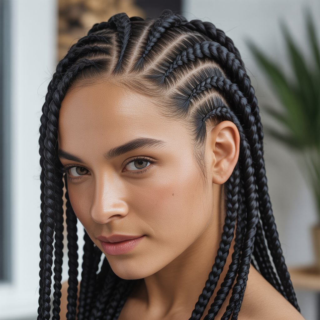 Close-up of a woman with neatly braided cornrows looking confidently at the camera.