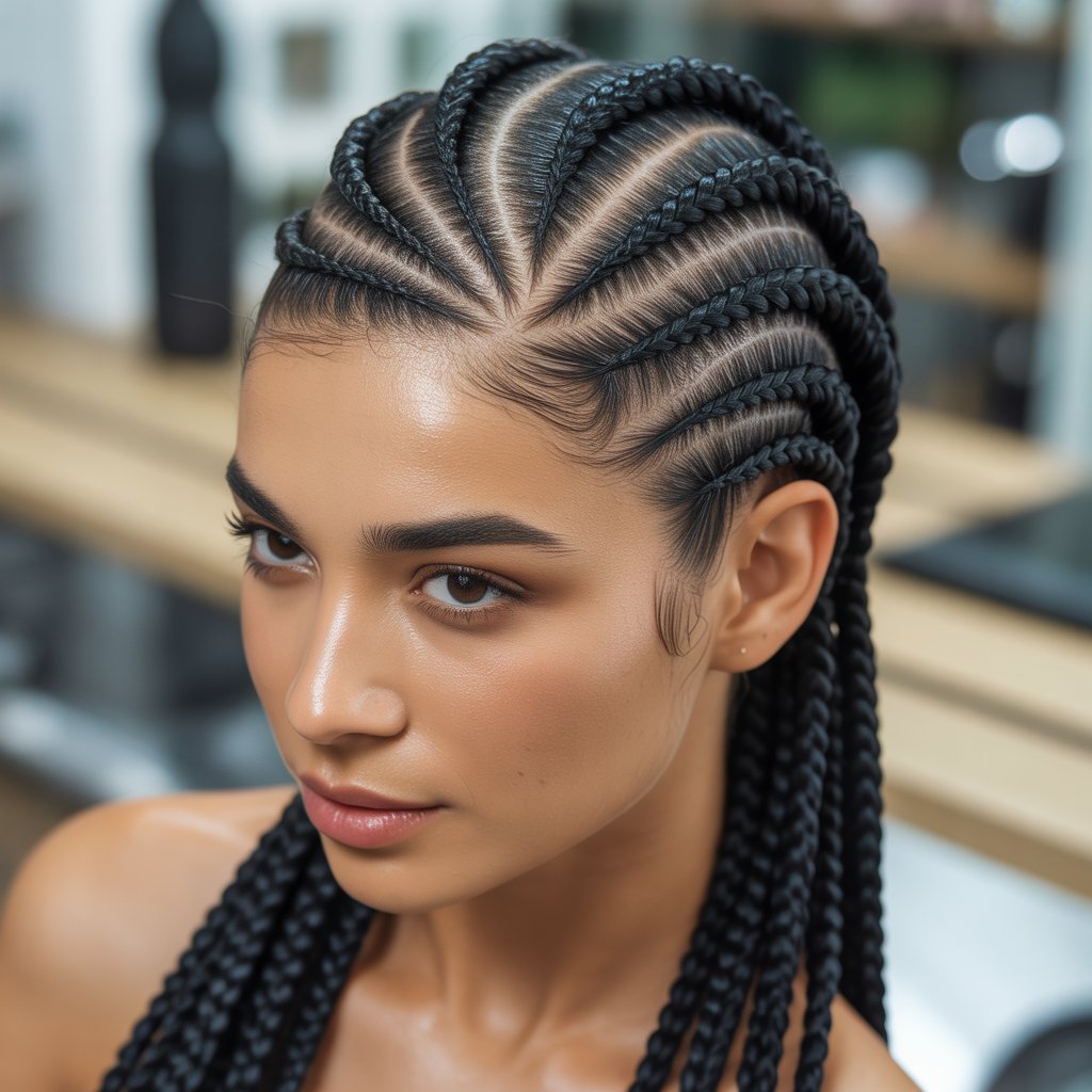 Close-up portrait of a woman with neatly braided zigzag cornrow hairstyle, looking confidently at the camera.