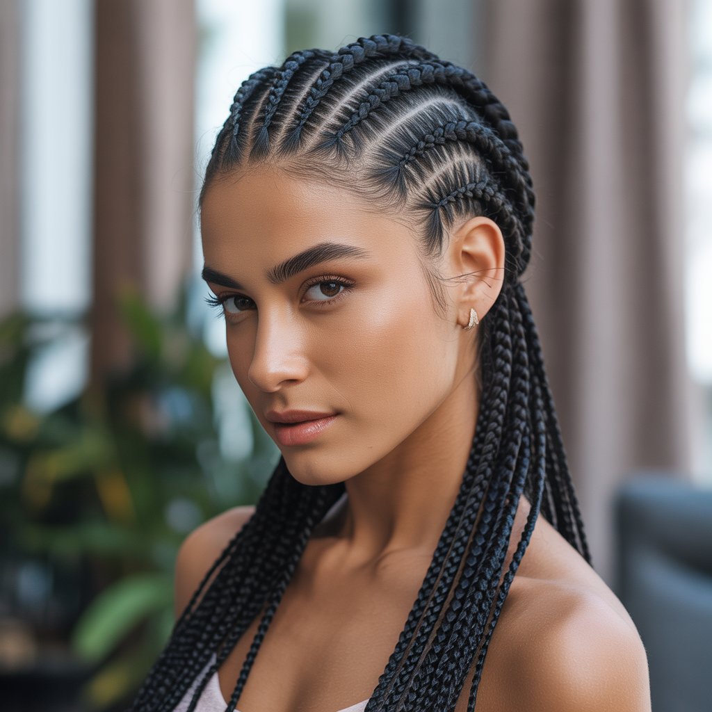 A young woman with braided hair styled upward, posing against a neutral blurred background.