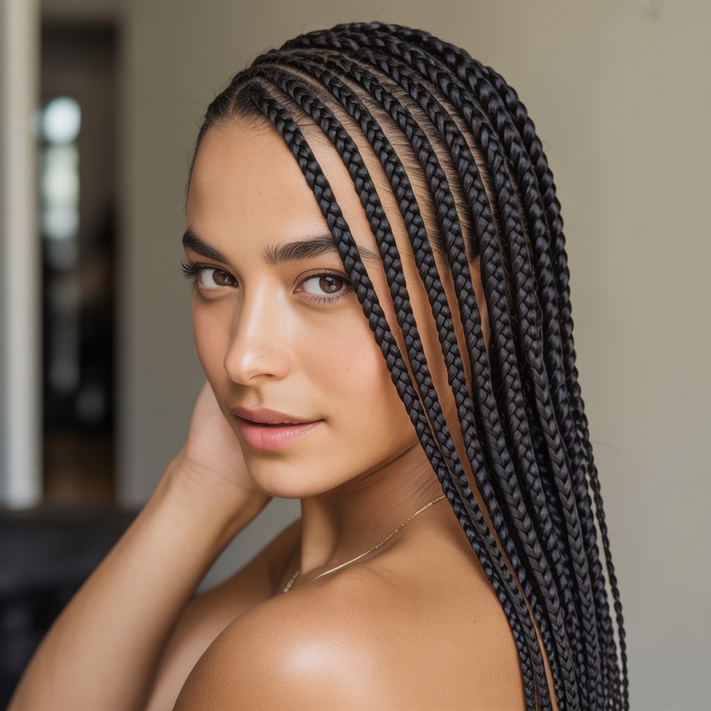 A young woman with side-swept braided hair looking confidently at the camera against a plain background.