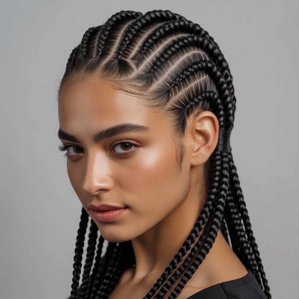A woman with neatly braided cornrows styled in triangular sections on her scalp, looking confidently at the camera against a plain background.