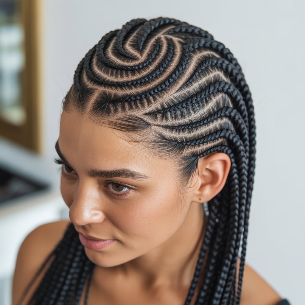Close-up of a woman with circular cornrow braids arranged in concentric patterns on her scalp.