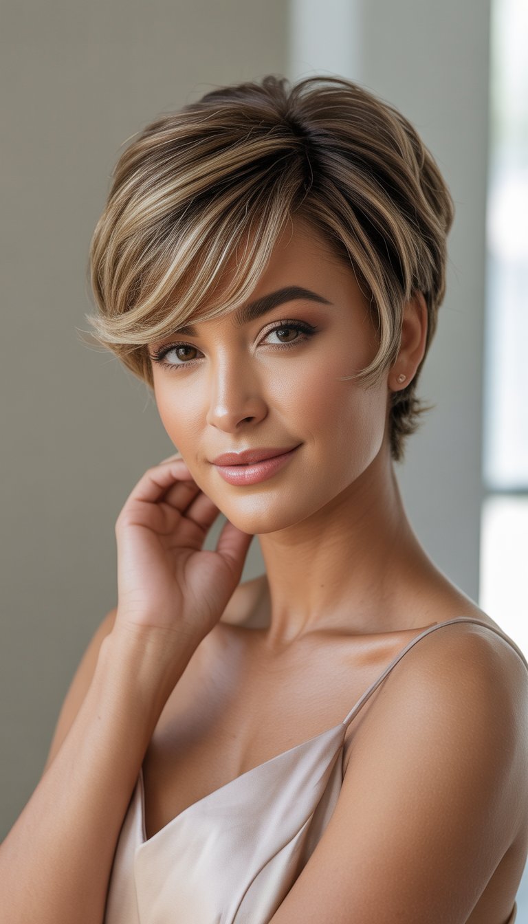 A woman with short hair and side-swept bangs smiling against a plain background.