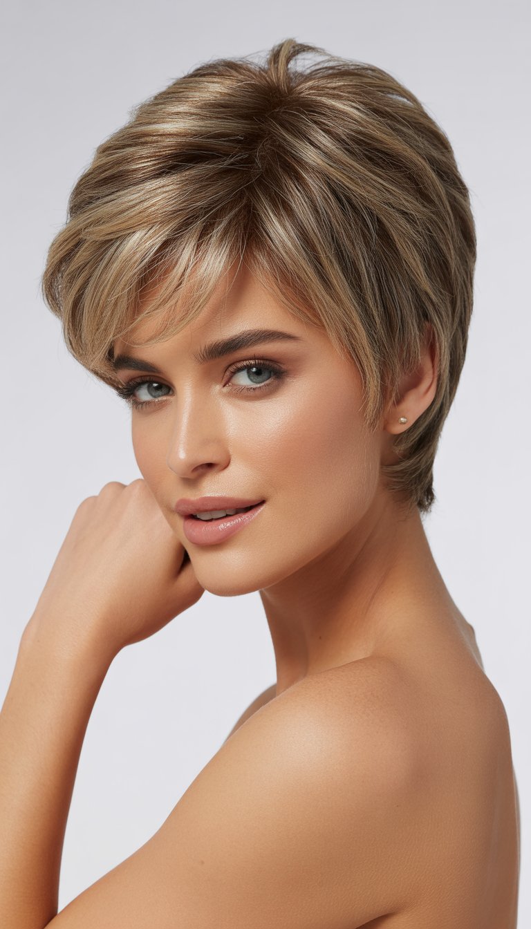 A woman with a short layered pixie haircut posing against a plain background.
