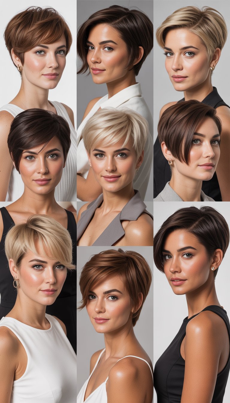 A group of women with short, stylish haircuts posing together in a studio setting.