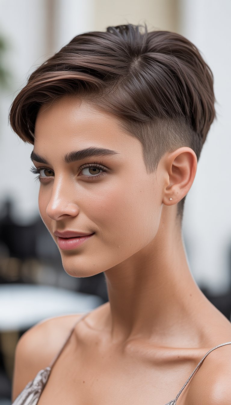 Portrait of a young woman with a short hairstyle featuring shaved sides and longer hair on top, smiling softly against a neutral background.