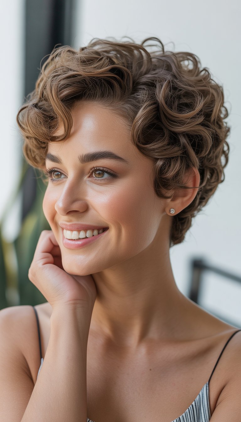 A woman with short curly hair smiling and looking slightly away from the camera against a blurred background.