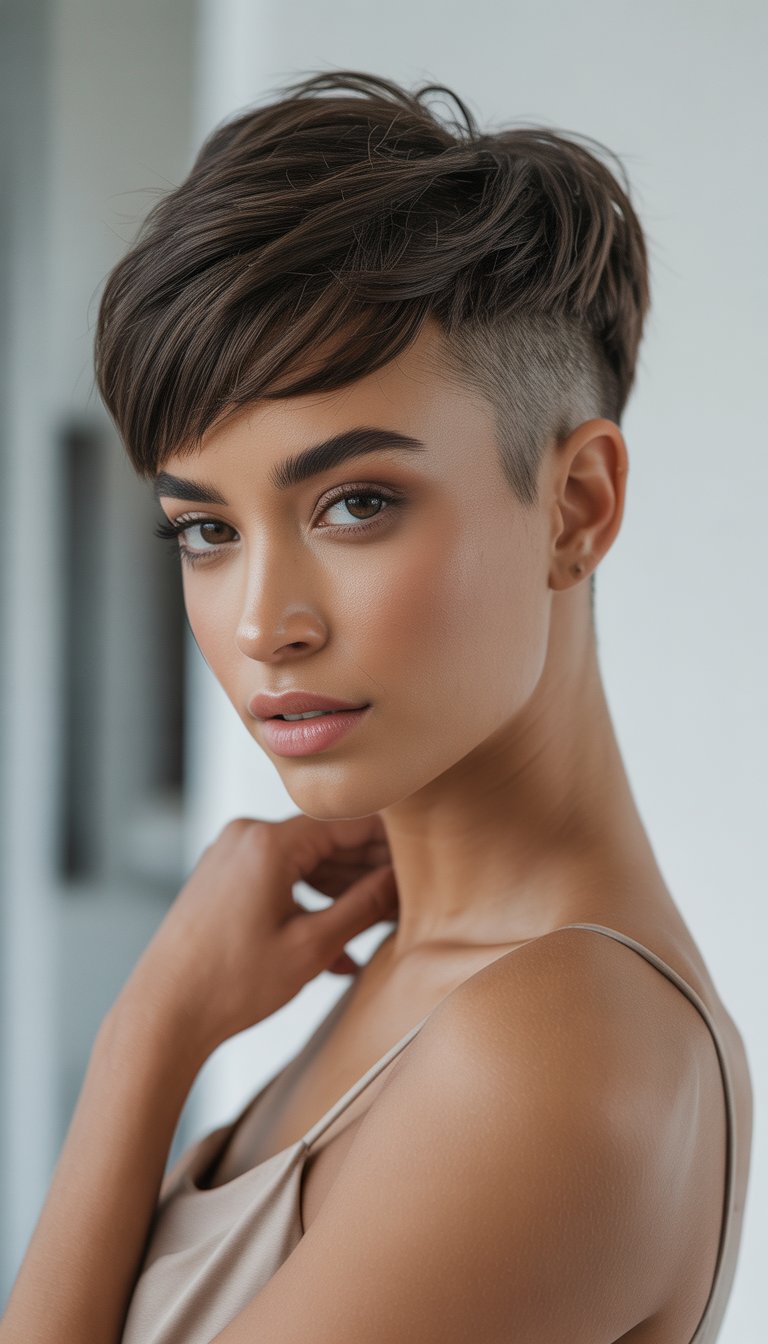 A young woman with short hair posing against a plain background.