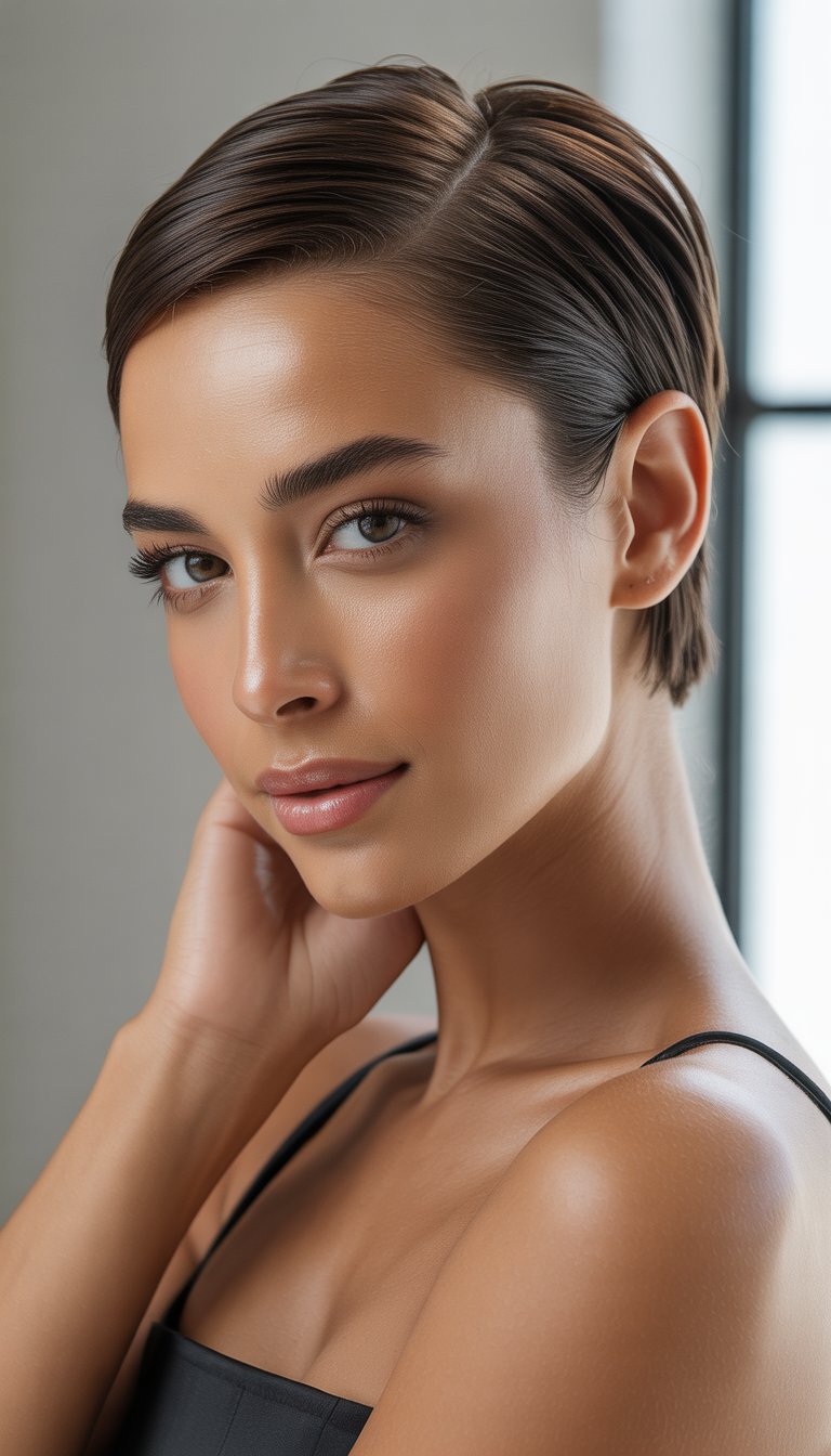 A woman with short hair styled neatly back, looking confidently at the camera against a plain background.