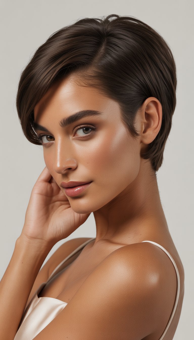 Portrait of a woman with a short haircut and a deep side part, smiling softly against a plain background.