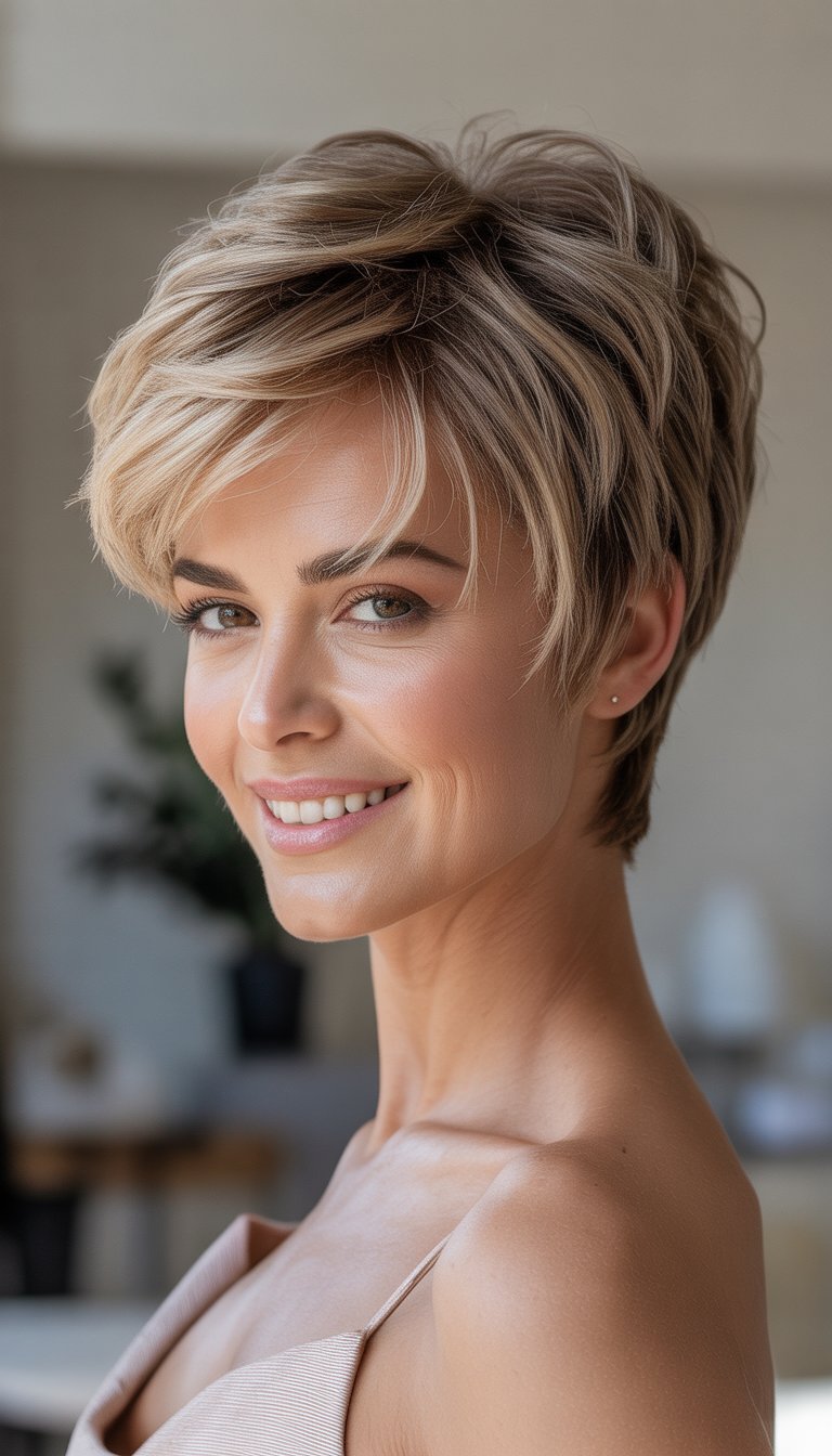 A woman with a voluminous messy pixie haircut smiling softly against a neutral background.