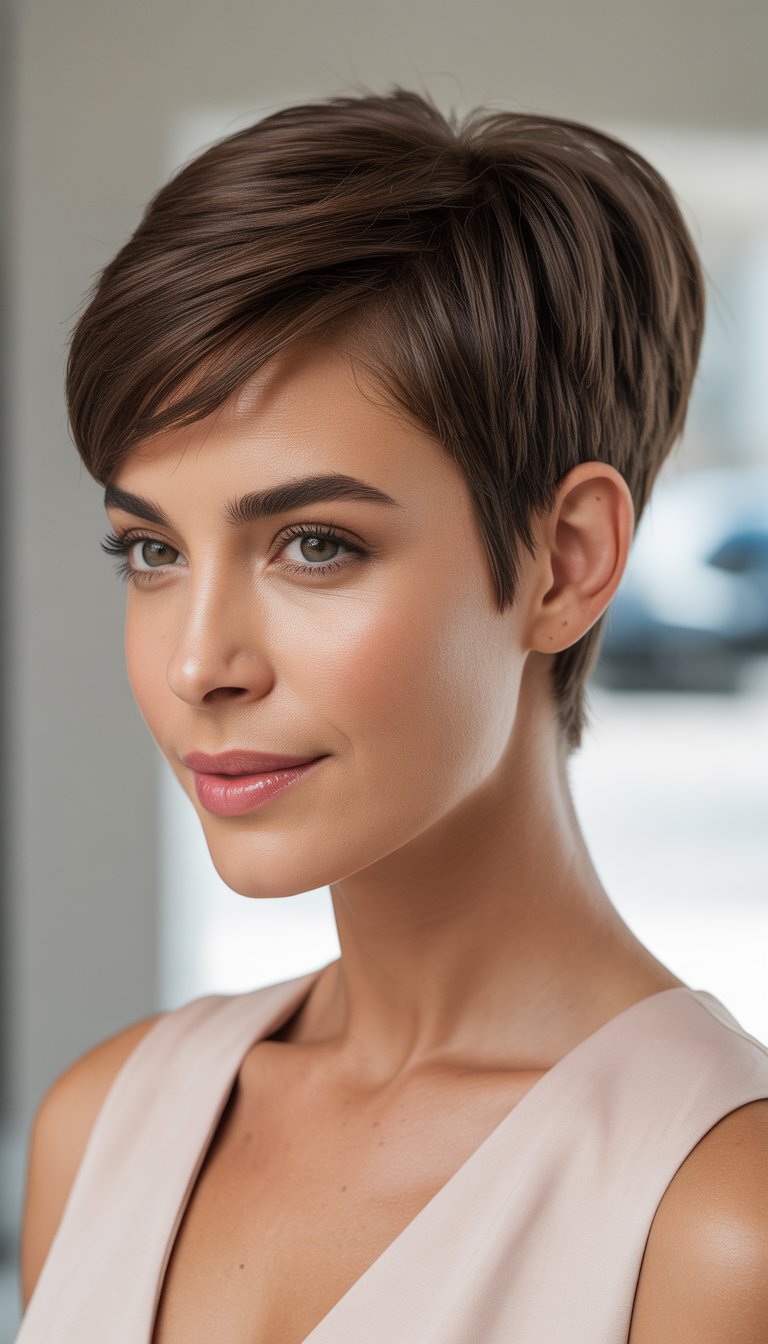 Portrait of a woman with a short pixie haircut looking confidently to the side against a neutral background.