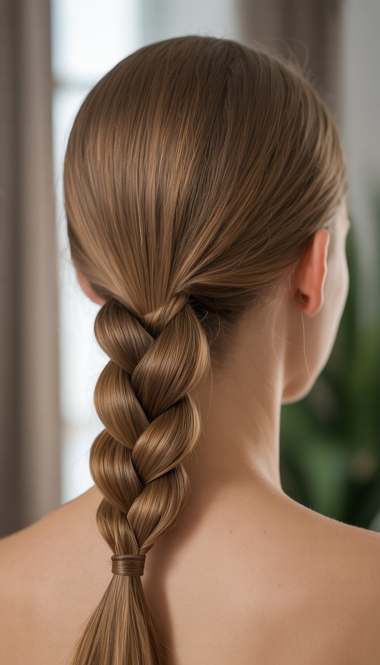 Close-up of the back of a person's head with a neatly braided ponytail hairstyle.