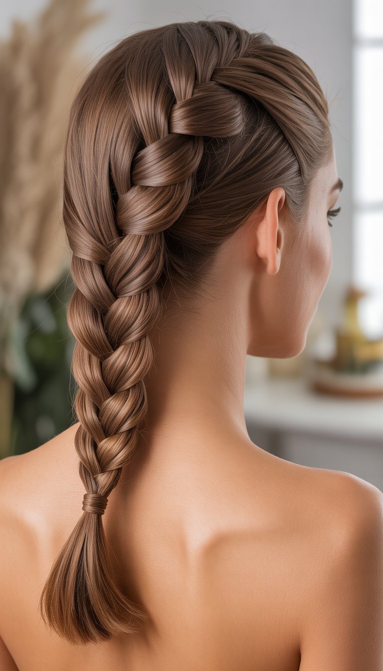 Close-up of a woman from behind showing a neatly braided ponytail.