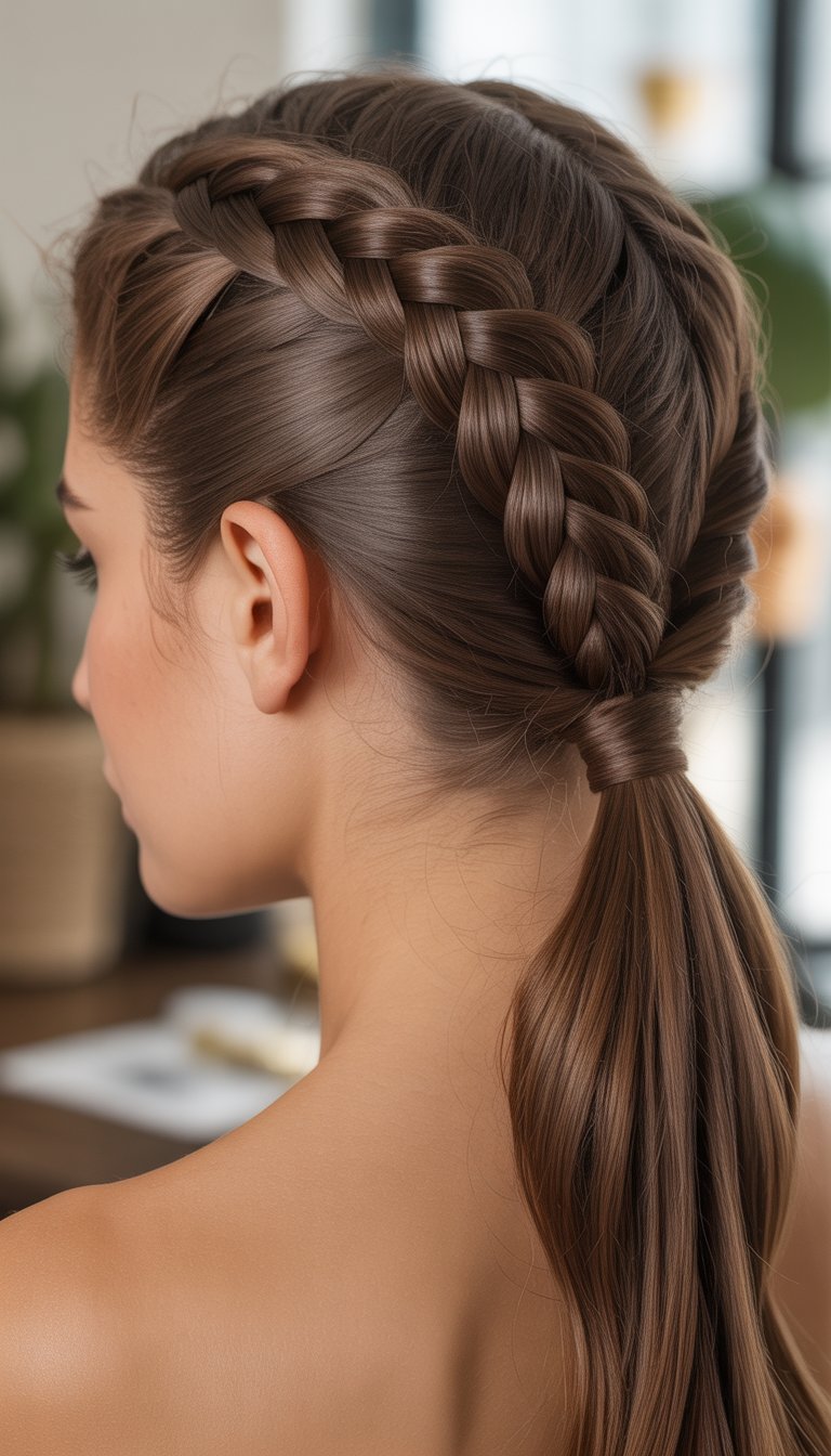 Close-up of a woman’s head showing a braided ponytail hairstyle from the back and side.