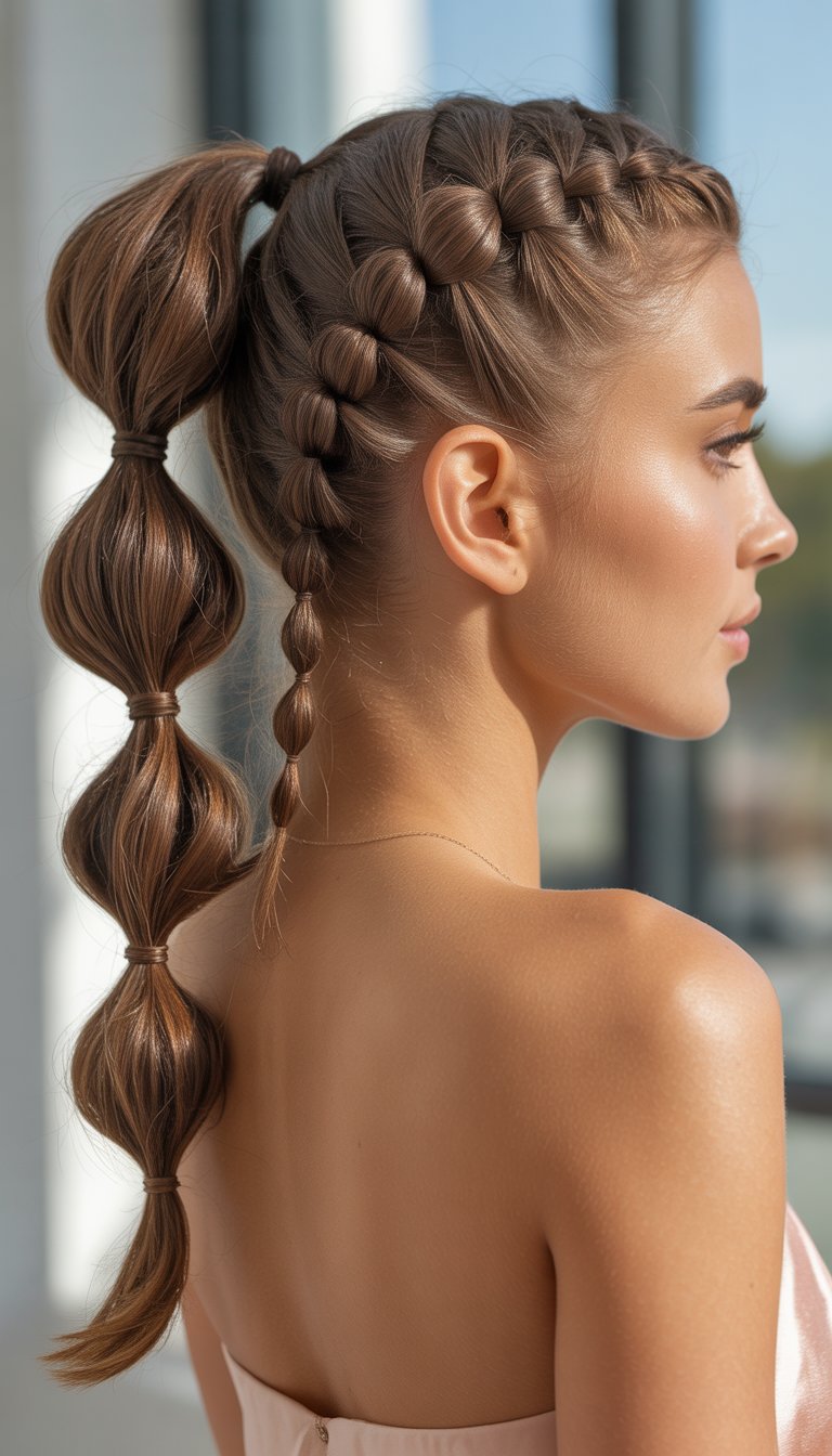 Close-up of a woman with a neatly styled ponytail featuring bubble-shaped braids, shown from the back and side.