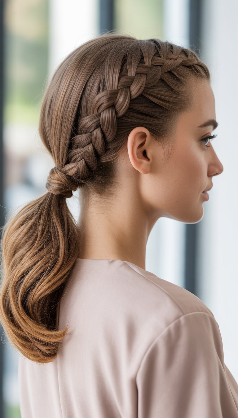 A woman with a braided ponytail resting over one shoulder, photographed from a three-quarter angle against a blurred background.