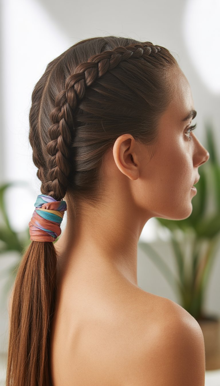 A woman with a braided ponytail wrapped with a colorful fabric, shown from behind against a blurred background.