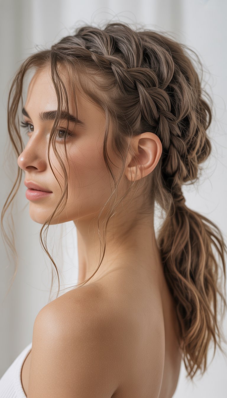 A young woman with a messy braided ponytail looking slightly to the side against a plain background.