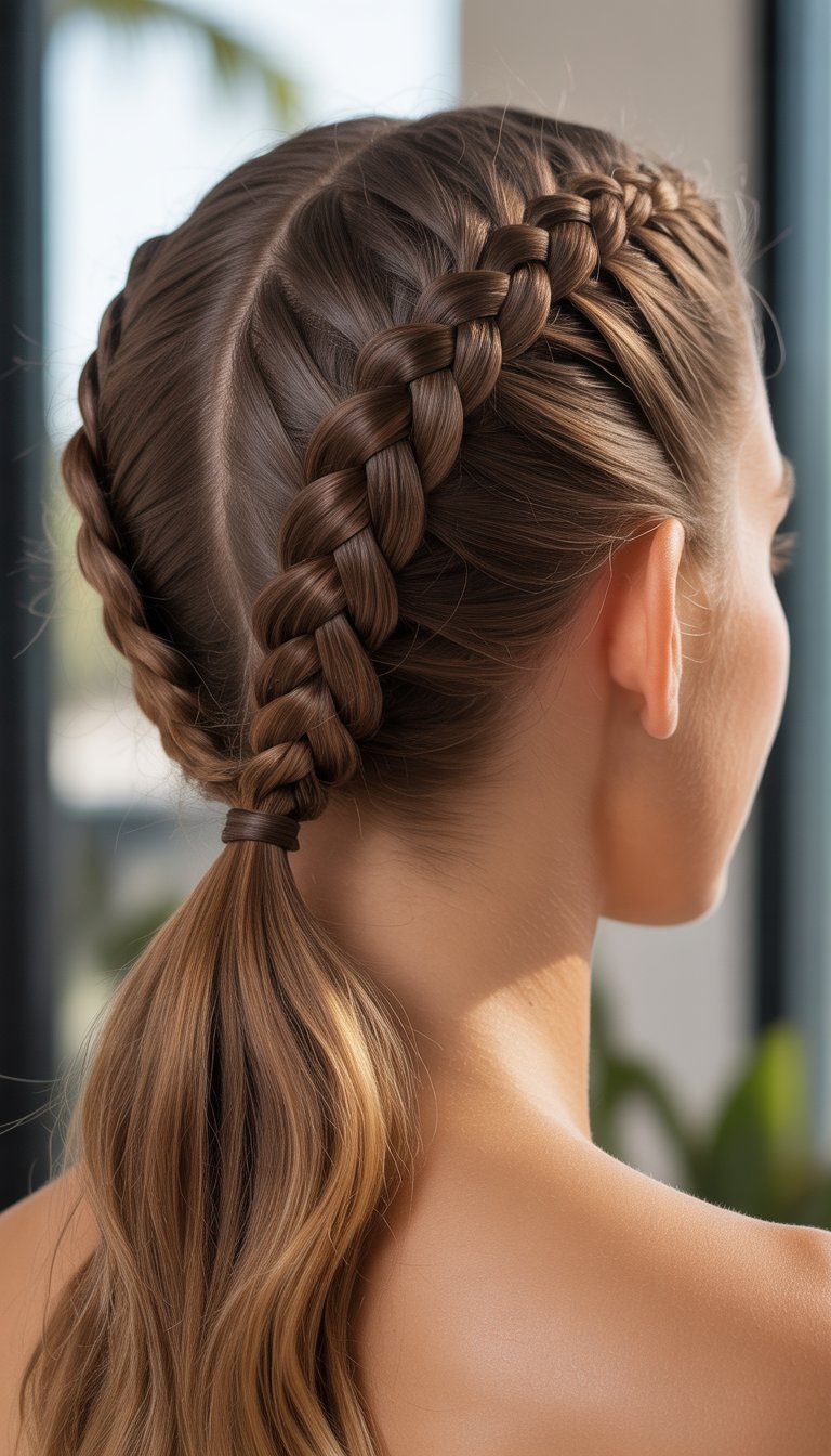 Close-up of the back of a woman's head with two braids tied into a ponytail.