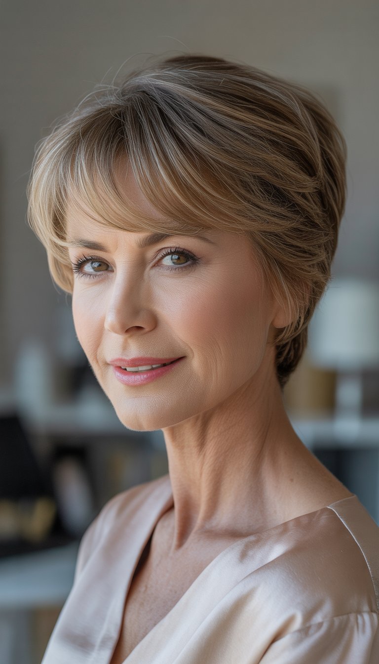 Portrait of a smiling older woman with short hair and side-swept bangs in a studio setting.