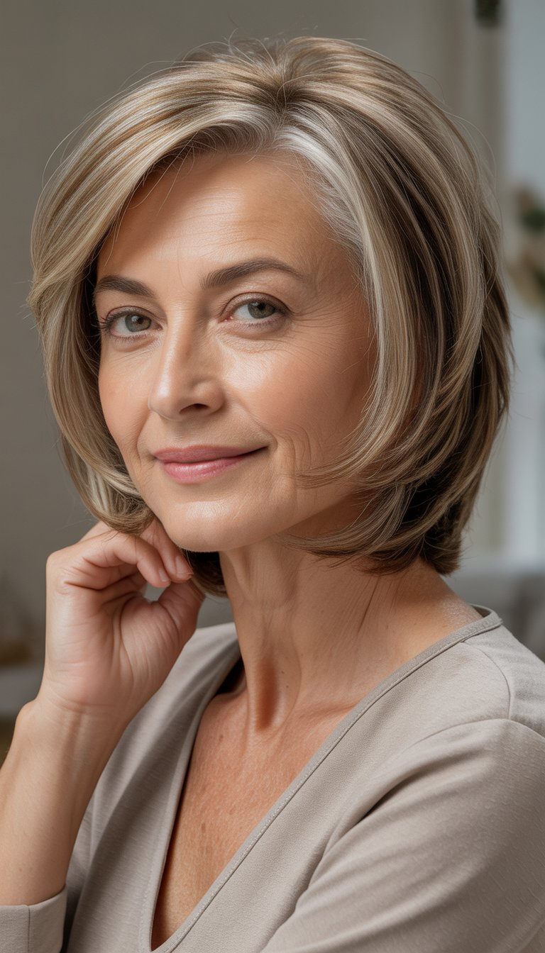A smiling mature woman with short layered hair looking at the camera against a neutral background.