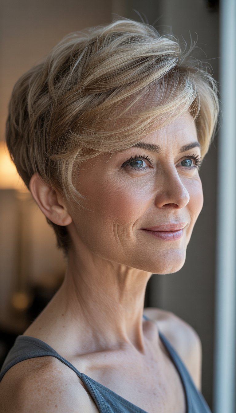 A smiling older woman with short hair looking slightly to the side against a blurred neutral background.