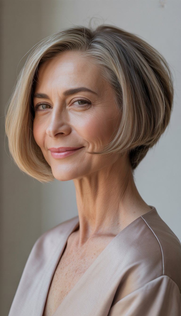 A smiling woman over 60 with short asymmetrical bob haircut and thin hair, posing in a neutral studio setting.