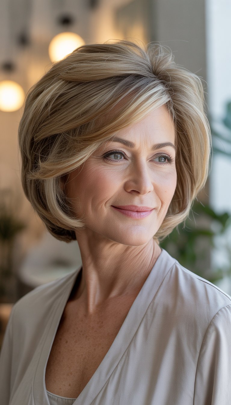 A smiling older woman with a short layered bob hairstyle.