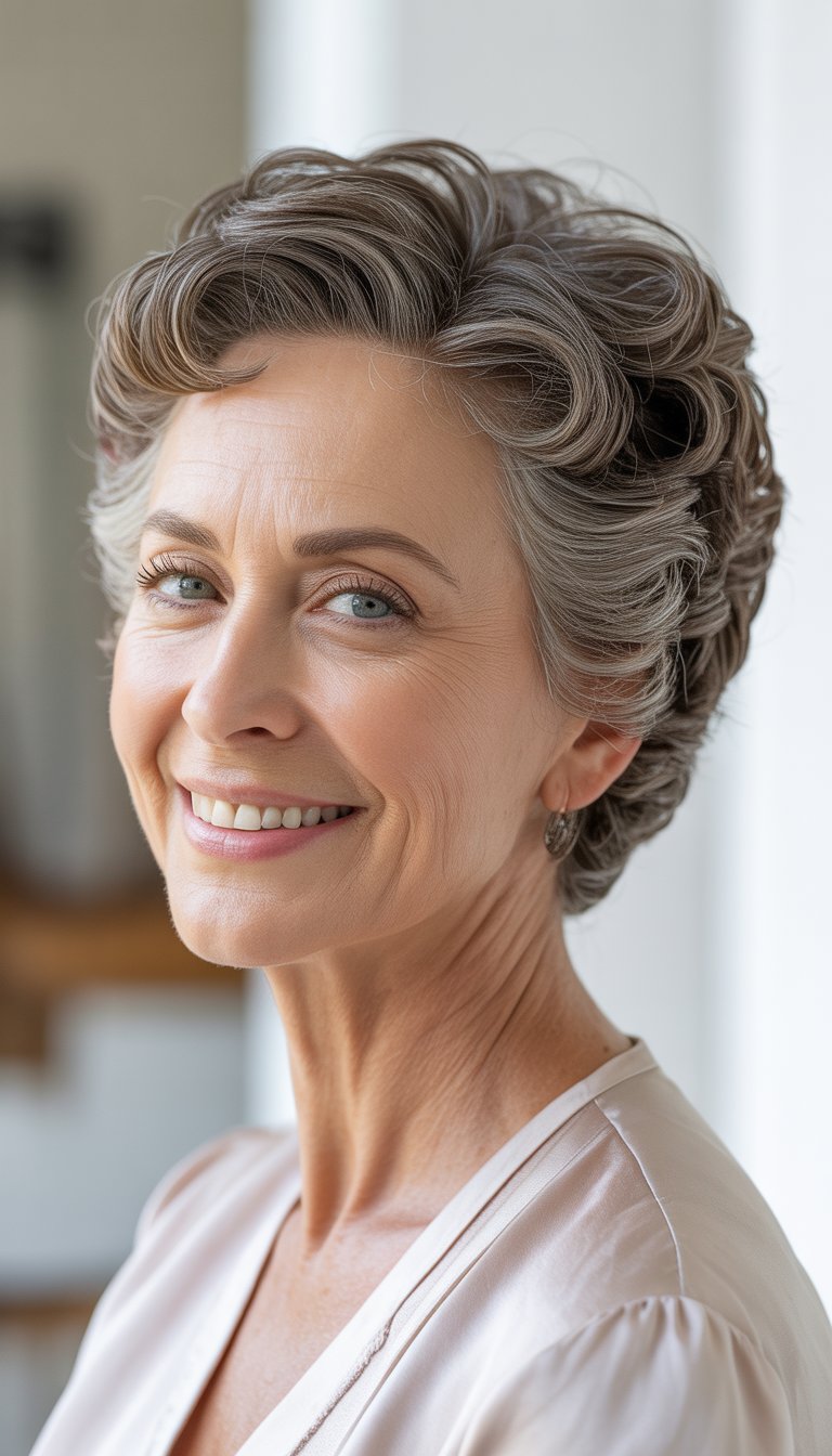 A smiling older woman with short curly hair standing against a neutral background.