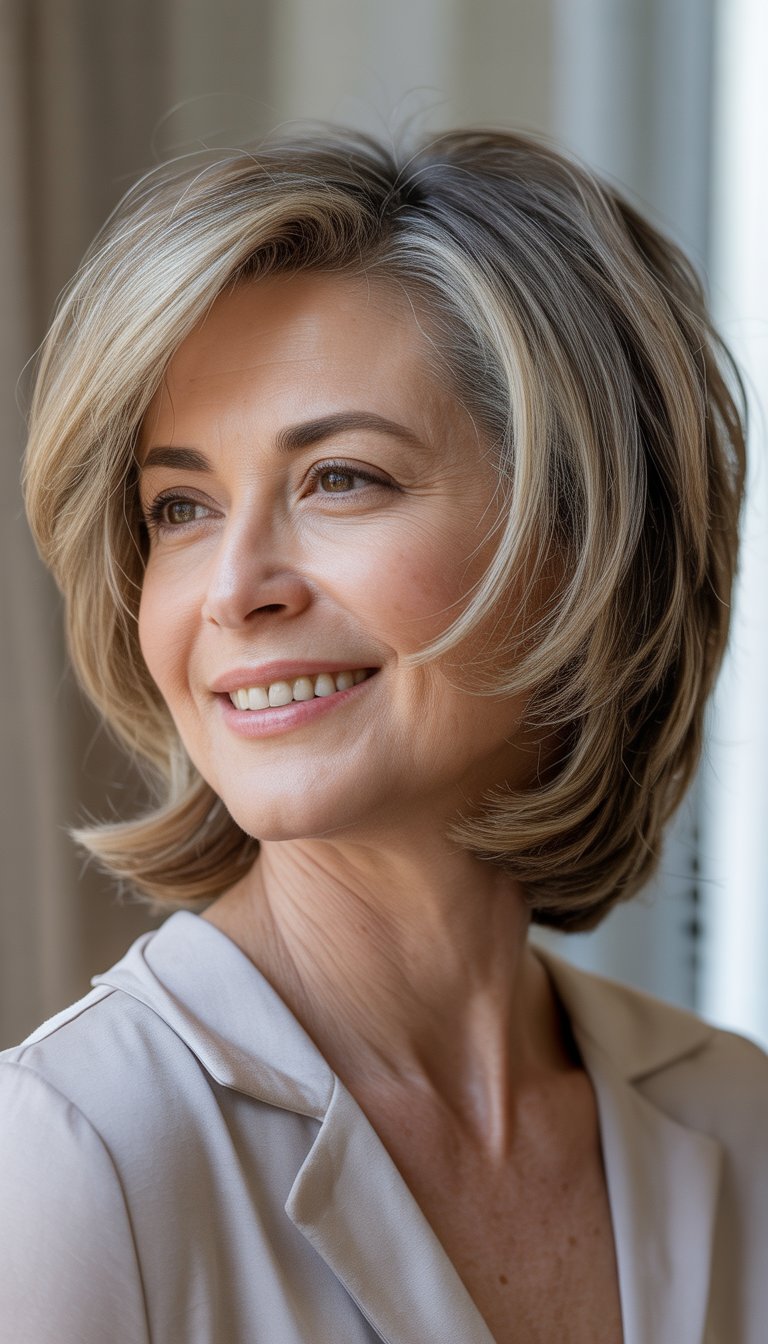 A smiling older woman with a textured long bob haircut and thin hair, facing the camera against a neutral background.